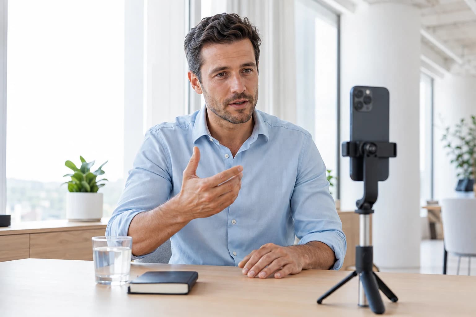A consultant recording a professional video with an iPhone on a desk tripod in a bright office