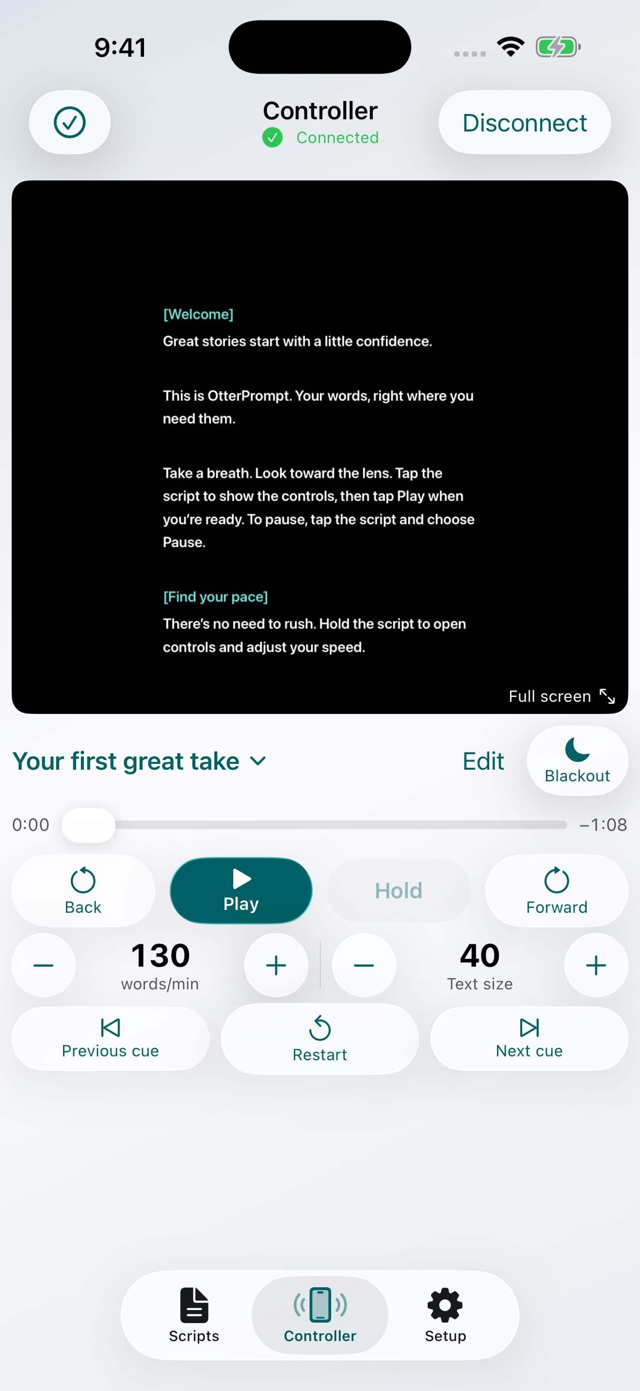 Connected iPhone Controller showing the Prompter preview and matching minus and plus buttons for speed and text size