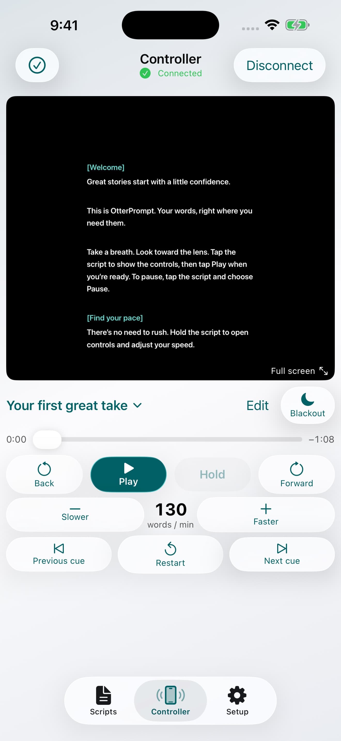 Connected iPhone Controller showing the Prompter preview, Play, Hold, speed, and cue controls