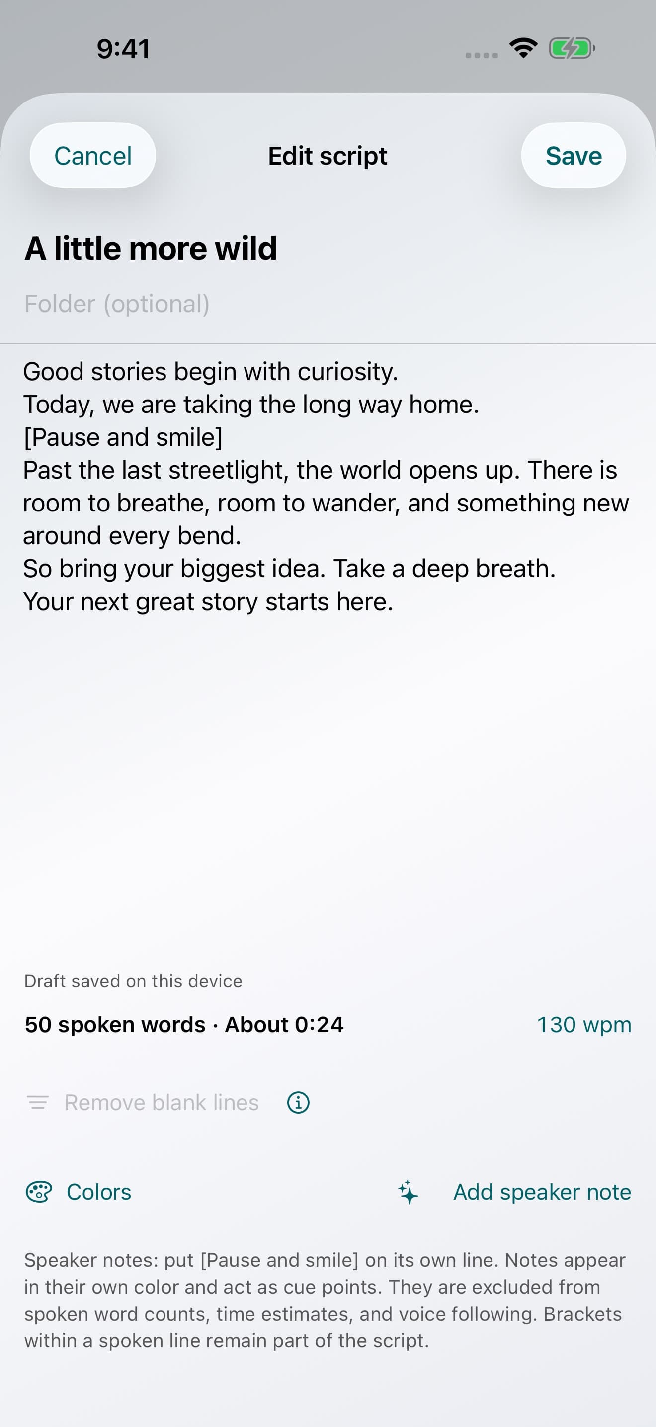 OtterPrompt script editor with word count, time estimate, colors, and instructions for speaker notes