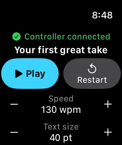 OtterPrompt Apple Watch app, connected, with Play, Restart, speed and text size controls