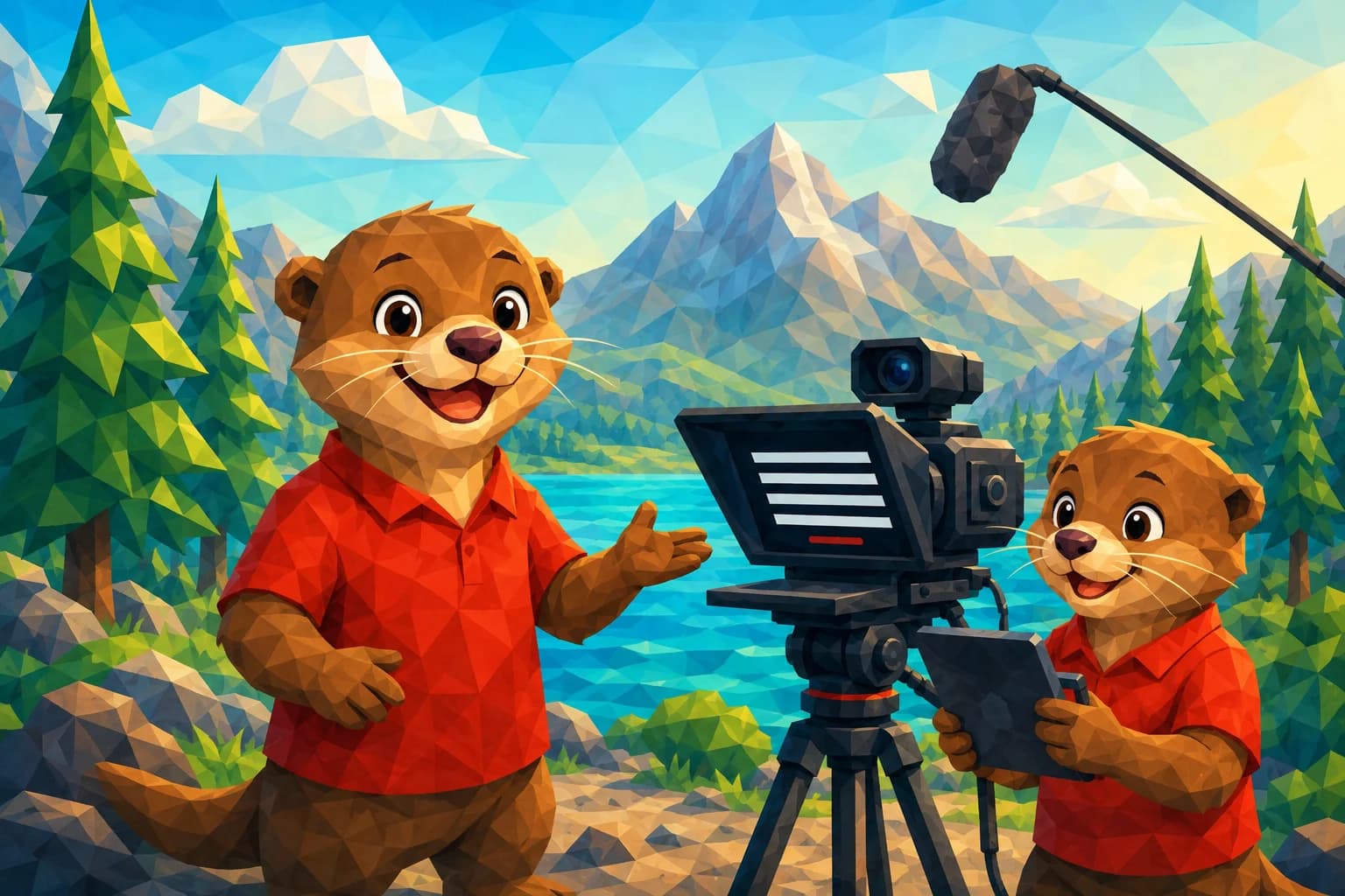 Two cheerful low-poly otters running a film set beside a bright woodland lake