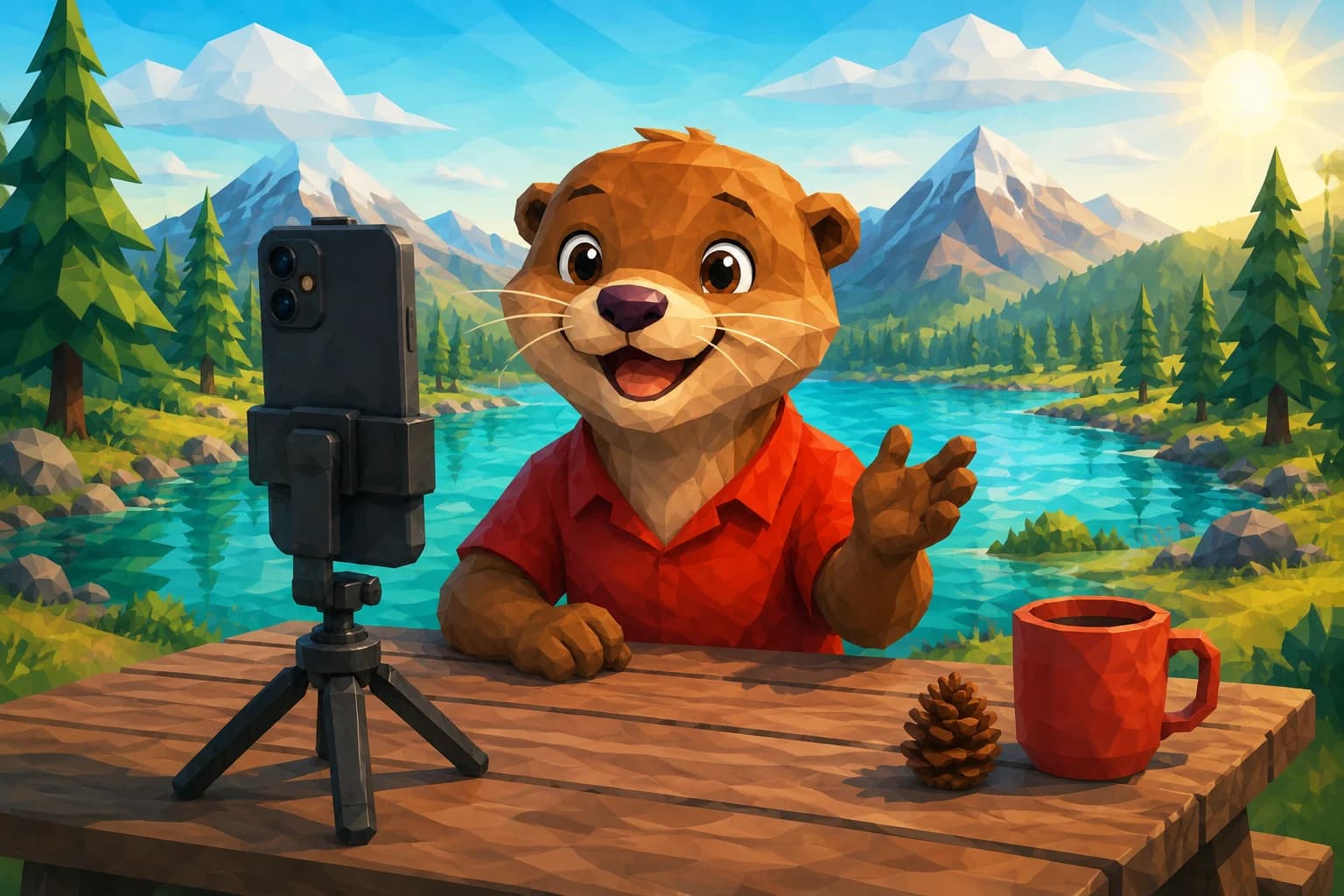 A smiling otter filming a solo video with a phone on a tripod at a lakeside picnic table